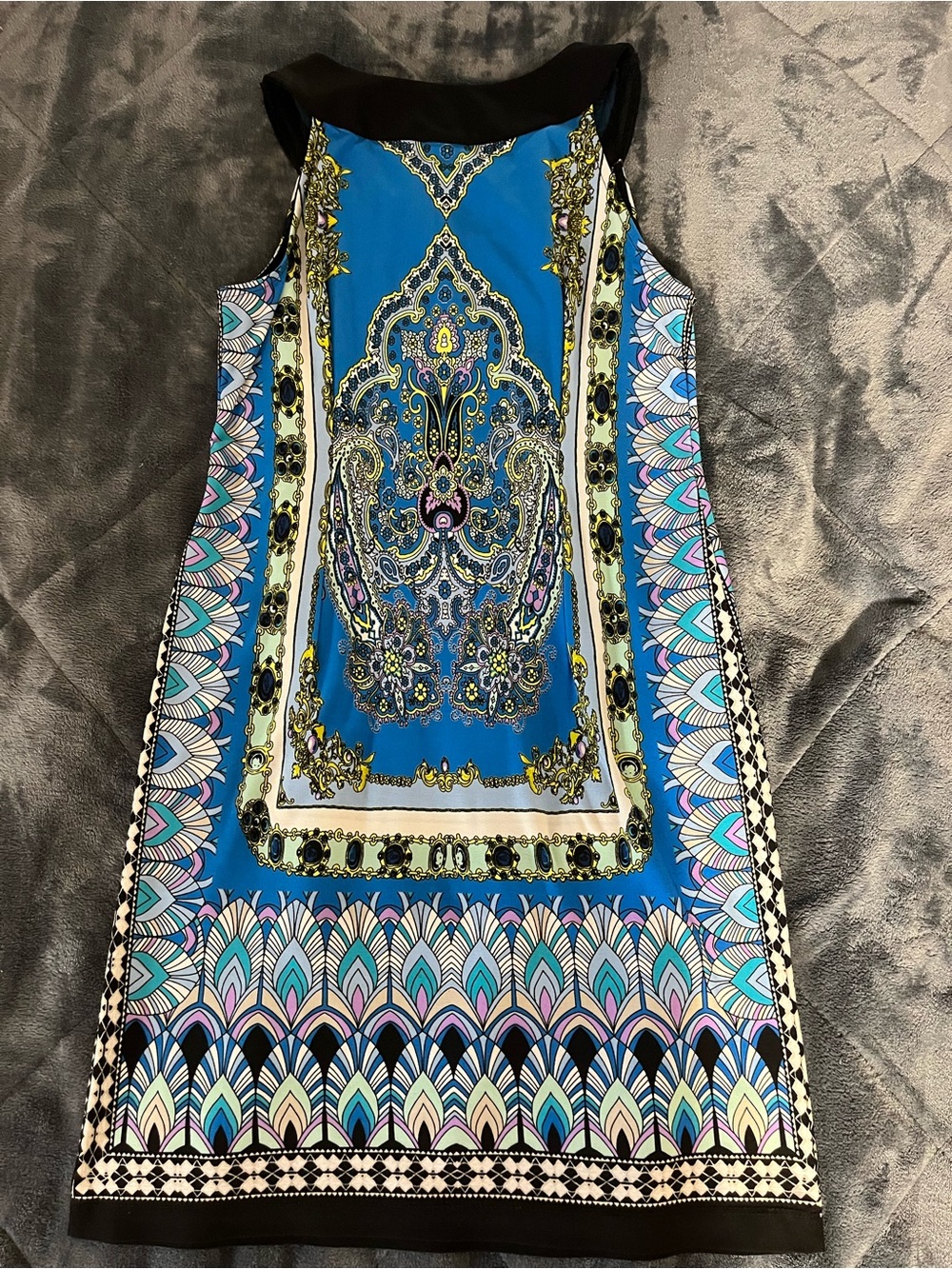Vibrant Blue Printed Mini Dress with Ornate Motif